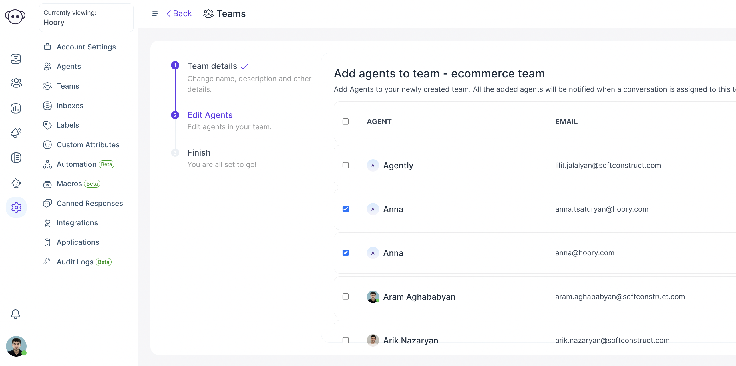 Add Agents to Teams Screen