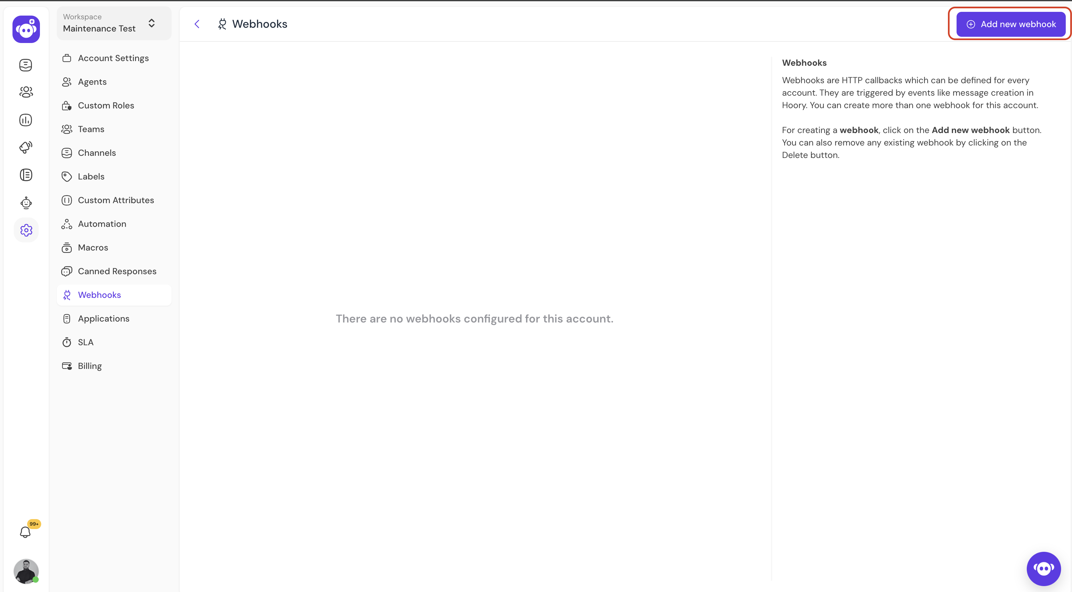 Webhooks Home Screen