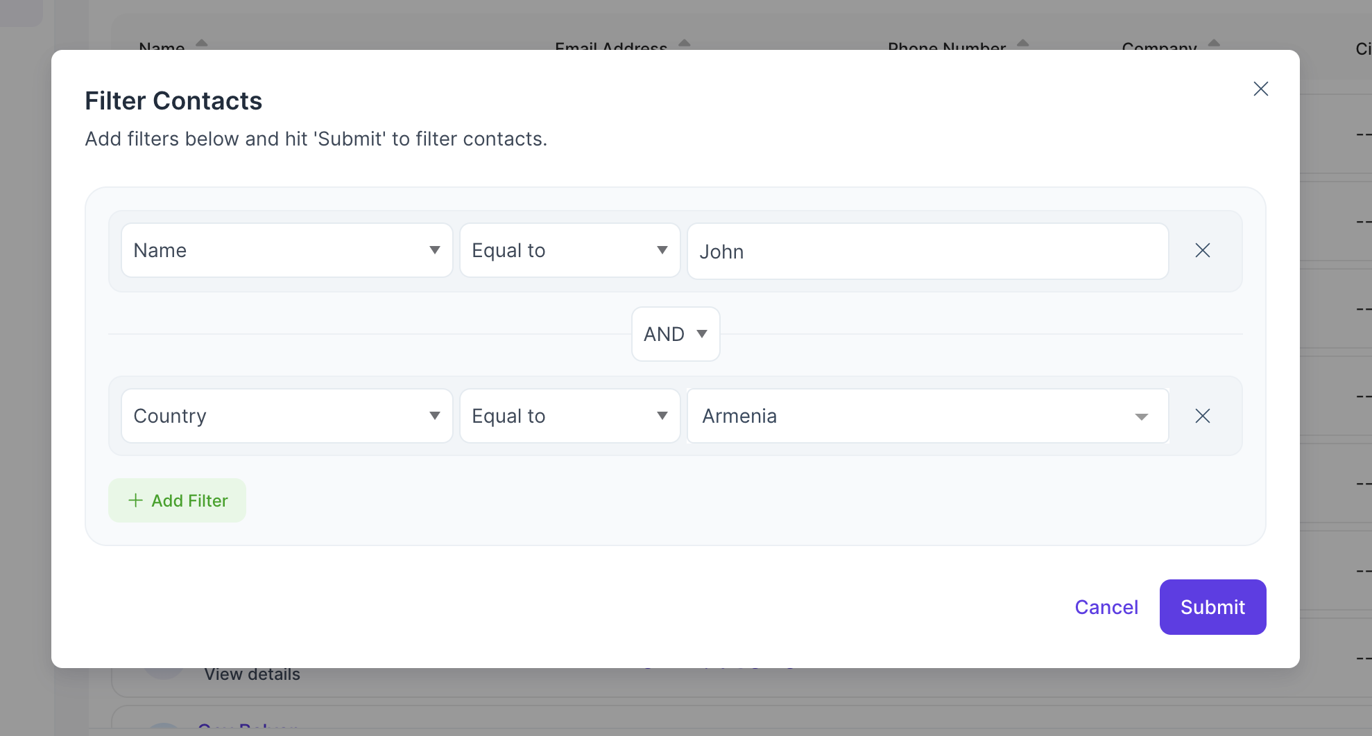 Filter all hoory contacts example