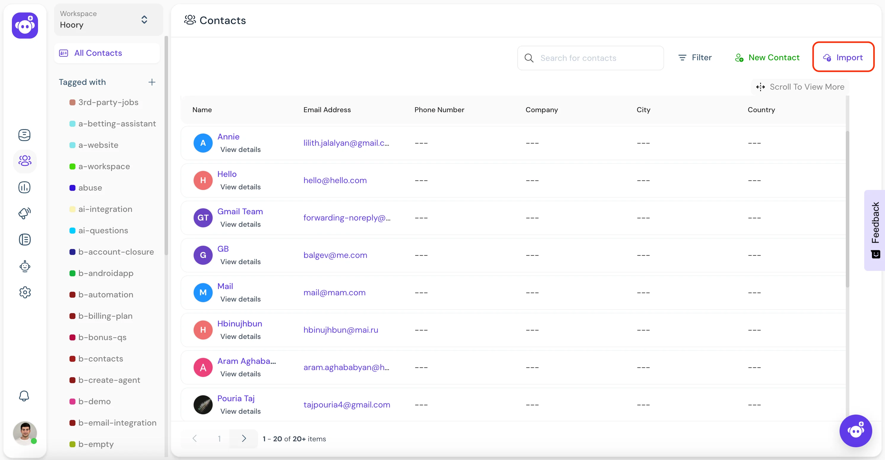 Import contacts to hoory from a csv file