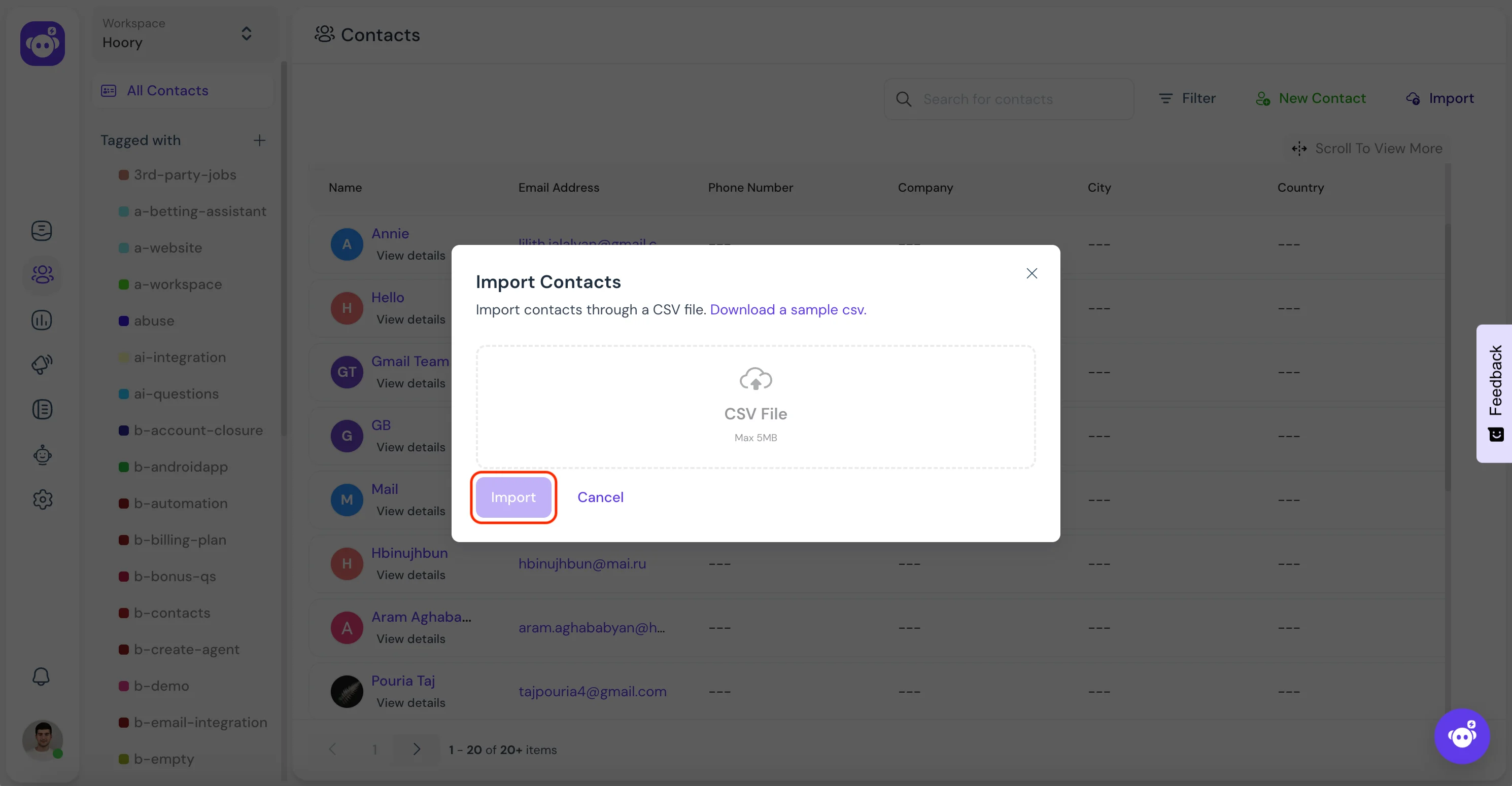 Import contacts to hoory from a csv file