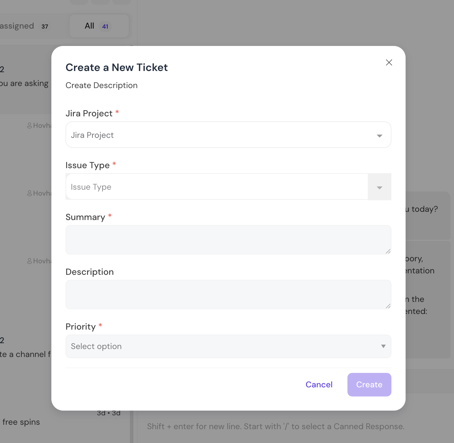 Create Jira ticket dialog