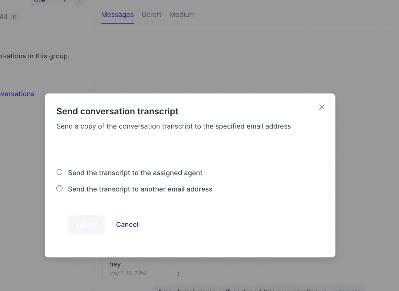 Send Transcript options