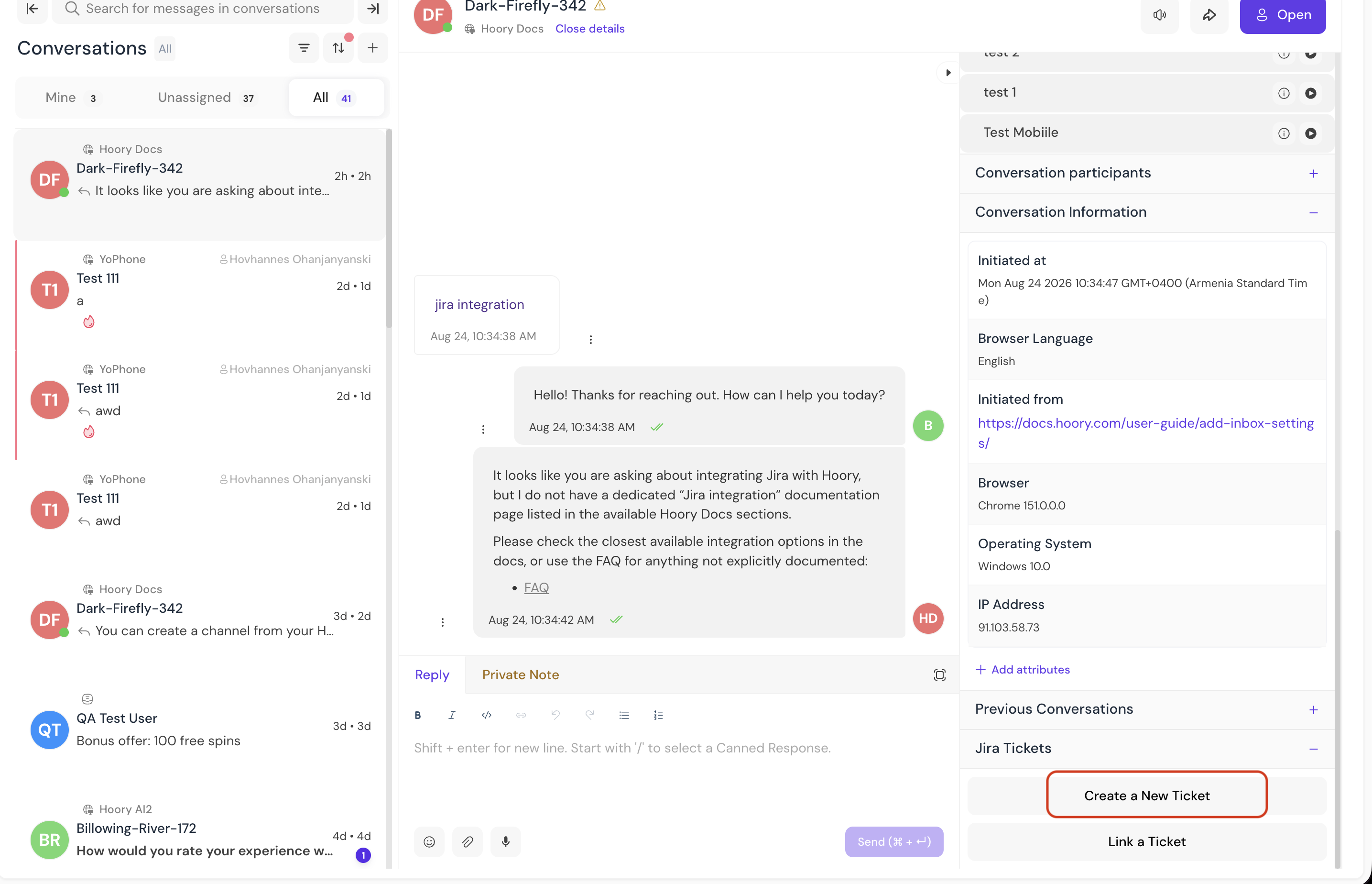Jira section in conversation