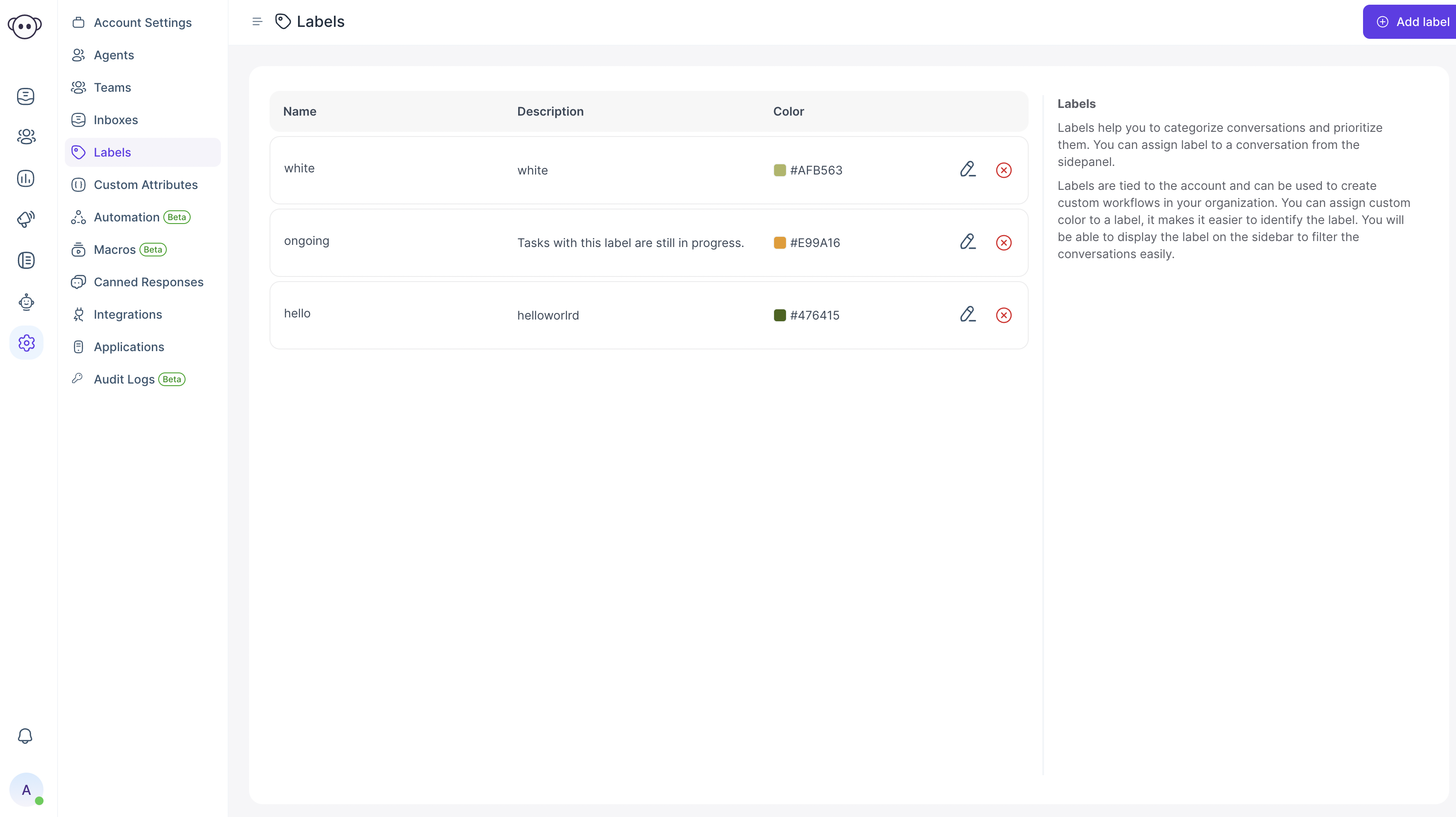 Hoory Label setting screen