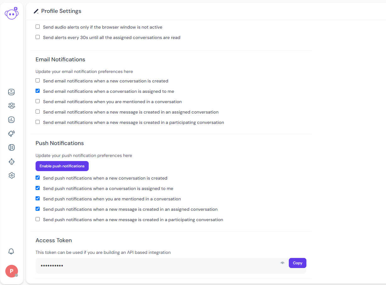 profile settings access token