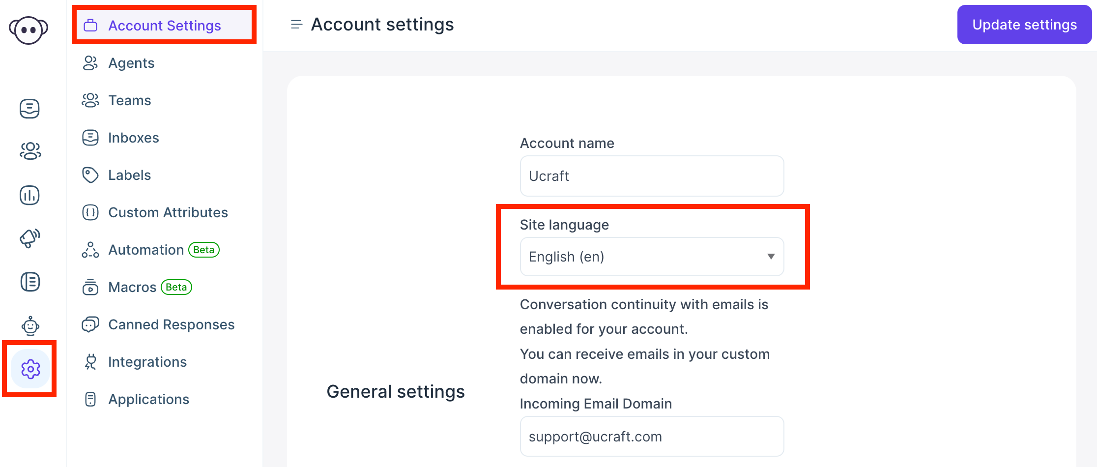 Site language setting in Hoory