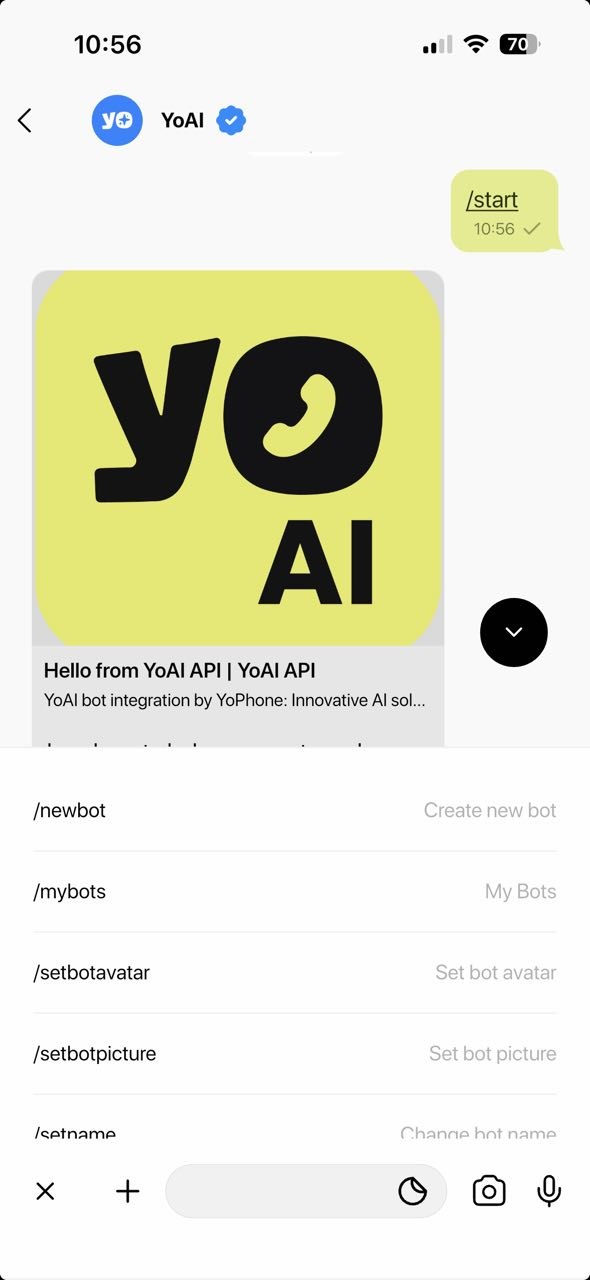 Selecting the /newbot command from the YoAI bot menu